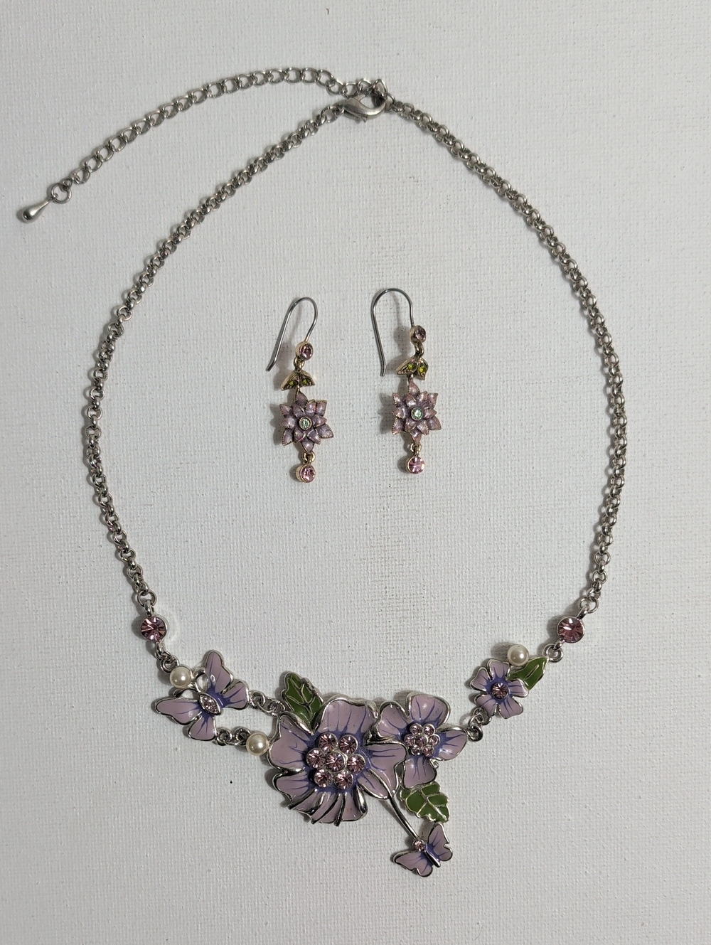 Lavender Enamel Floral & Butterfly Necklace and Earrings Bundle (2 Pieces)